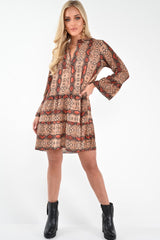 Brown And Red Snake Print Plunge Flute Sleeve Shift Dress - Olesya
