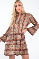 Brown And Red Snake Print Plunge Flute Sleeve Shift Dress - Olesya