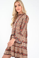 Brown And Red Snake Print Plunge Flute Sleeve Shift Dress - Olesya