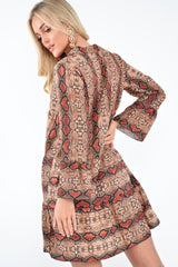 Brown And Red Snake Print Plunge Flute Sleeve Shift Dress - Olesya