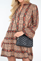 Brown And Red Snake Print Plunge Flute Sleeve Shift Dress - Olesya