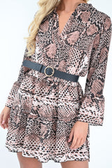 Nude Snake Print Plunge Flute Sleeve Shift Dress - Olesya