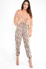 Beige Snake Print Tie Waist Cuffed Trousers - Annica