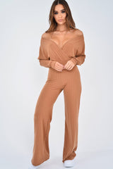 Camel Wide Leg Rib Plunge Jersey Jumpsuit - Tarlia