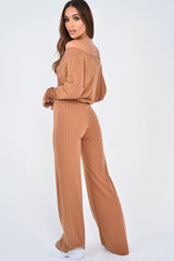 Camel Wide Leg Rib Plunge Jersey Jumpsuit - Tarlia