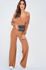 Camel Wide Leg Rib Plunge Jersey Jumpsuit - Tarlia