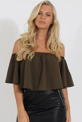 Khaki Bardot Crop Top - Bryony