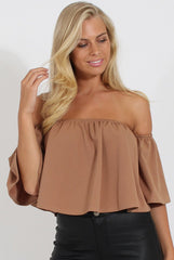 Camel Bardot Crop Top - Bryony