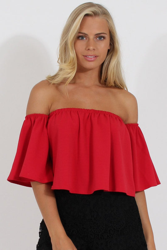 Red Bardot Crop Top - Bryony