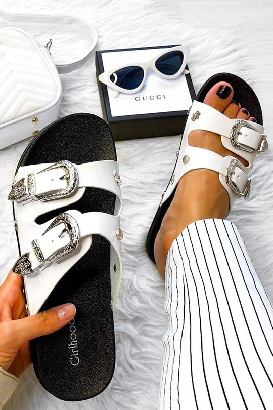 White PU Snowflake Western Buckle Sandals - Ellington