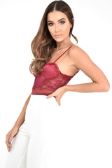 Wine Scalloped Lace Satin Bodysuit - Jeriah