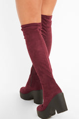 Burgundy Suede Platform Knee High Boots - Sandy