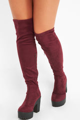 Burgundy Suede Platform Knee High Boots - Sandy