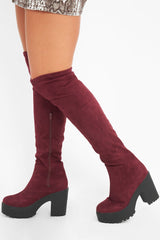 Burgundy Suede Platform Knee High Boots - Sandy