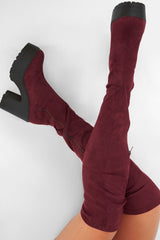 Burgundy Suede Platform Knee High Boots - Sandy