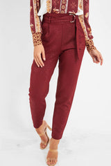 Wine Belted Croc Print Tapered Trousers - Aasia