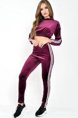 Burgundy And White Stripe Velour Cropped Tracksuit - Deymi