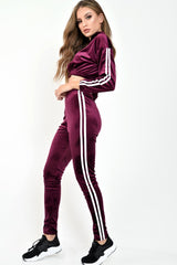 Burgundy And White Stripe Velour Cropped Tracksuit - Deymi