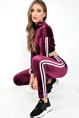 Burgundy And White Stripe Velour Cropped Tracksuit - Deymi
