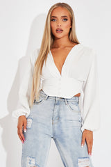 White Plunge Button Front Top - Zamina