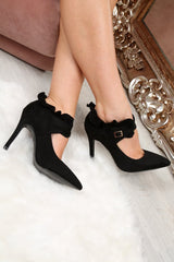 Black Faux Suede Frill Court Heels - Brynna