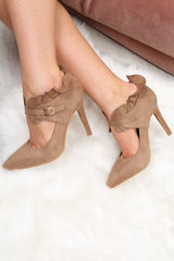 Khaki Faux Suede Frill Court Heels - Brynna