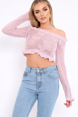 Lilac Bardot Ruffle Hem Crochet Top - Byrdie