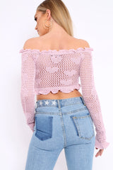 Lilac Bardot Ruffle Hem Crochet Top - Byrdie