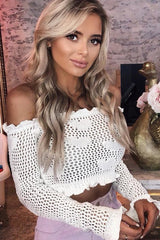 White Bardot Ruffle Hem Crochet Top - Byrdie