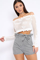 White Bardot Ruffle Hem Crochet Top - Byrdie