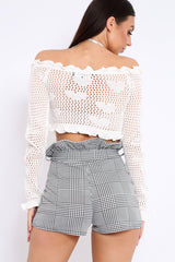 White Bardot Ruffle Hem Crochet Top - Byrdie