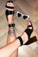 Black Buckle Block Heels - Cadie
