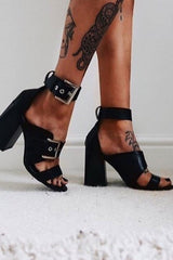 Black Buckle Block Heels - Cadie