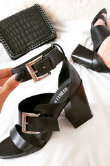 Black Buckle Block Heels - Cadie