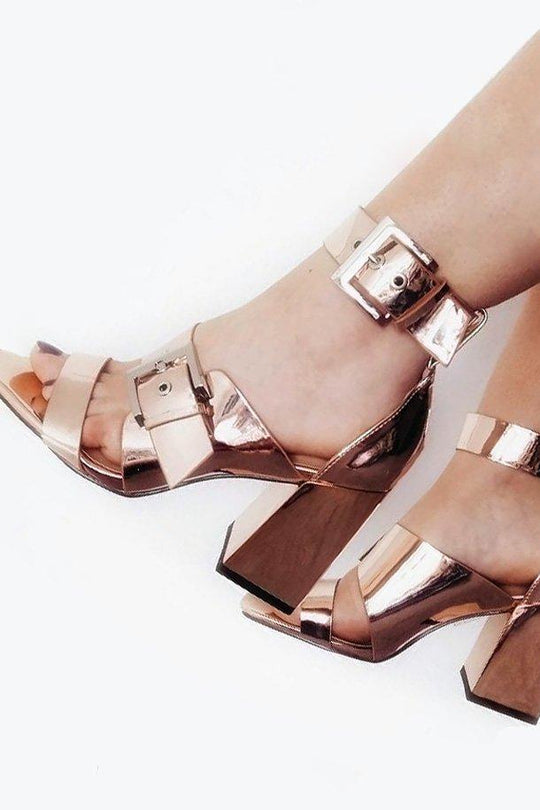 Rose Gold Buckle Block Heels - Cadie