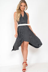 Black Polka Dot Halterneck Tiered Hem Dress - Cailie