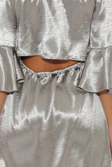 Grey Silver Metallic Bardot Bell Sleeve Open Back Dress - Cairo