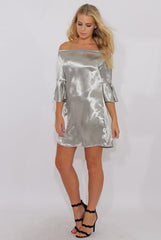 Grey Silver Metallic Bardot Bell Sleeve Open Back Dress - Cairo