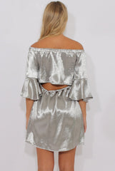Grey Silver Metallic Bardot Bell Sleeve Open Back Dress - Cairo
