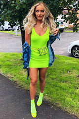 Neon Yellow Rib Knit V Neck Mini Bodycon Dress - Amylia