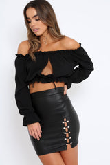 Black Coated Side Cut Out and Button Detail Mini Skirt - Charlea