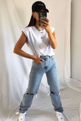 White Shoulder Pad Oversized T-shirt - Amzie