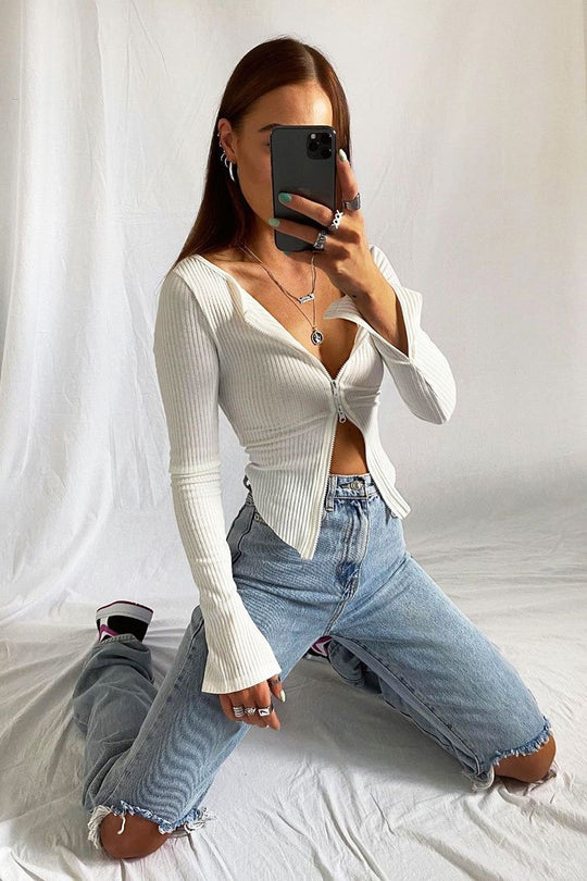 White Ribbed Zip Front Top - Jamoni