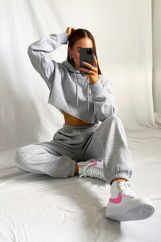 Grey Cropped Oversized Hoodie and Joggers Co-ord - Karenza