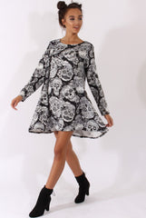Black & White Halloween Sugar Skull Swing Dress - Calavera