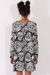 Black & White Halloween Sugar Skull Swing Dress - Calavera