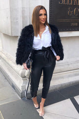 Black Faux Leather Tie Waist Tapered Trousers - Calina