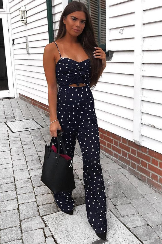 Navy Polka Dot Tie Front Cut Out Jumpsuit - Callen