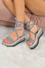 Black Gingham Lace Up Platform Wedges - Camara