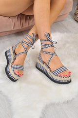Black Gingham Lace Up Platform Wedges - Camara